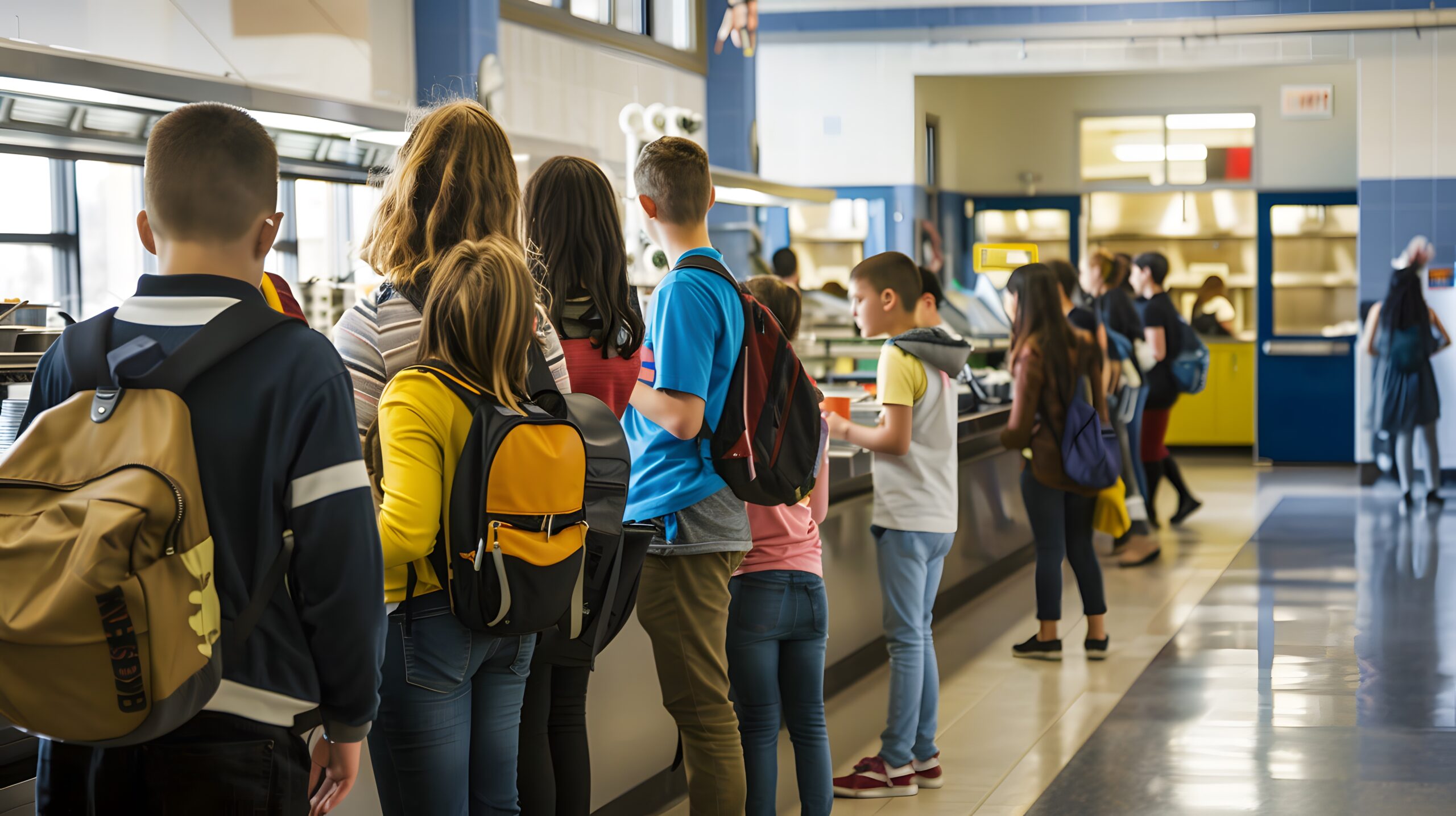 Students standing in line at a school cafeteria, waiting to get their lunch. They carry backpacks and engage in casual conversation.